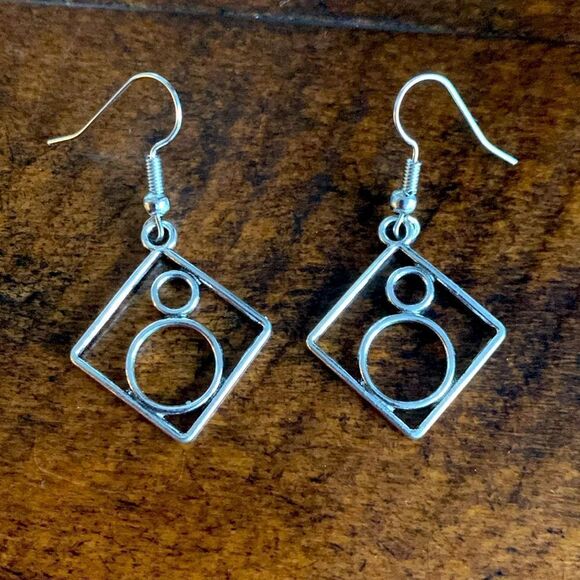 Geometric Square & Circle Dangle Earrings, Aged Silver, Sculptural Style, Unisex - Picture 3 of 9